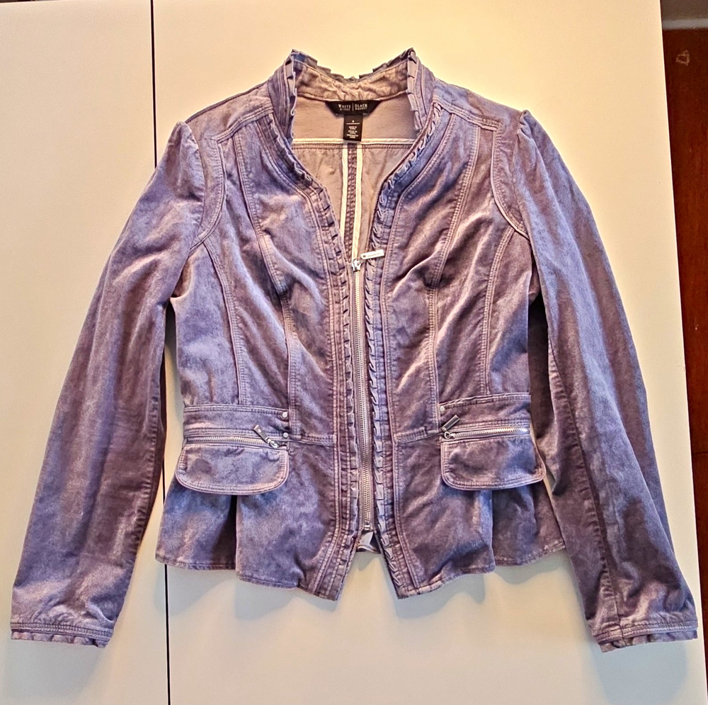 White House Black Market Velvet Jacket Womens 8 Gray Ruffle Peplum Zip Blazer